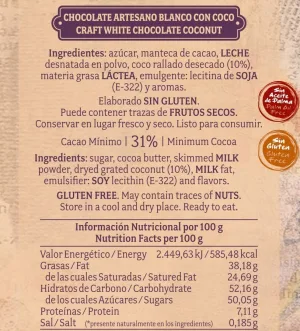 Chocolate artesano Blanco con Coco