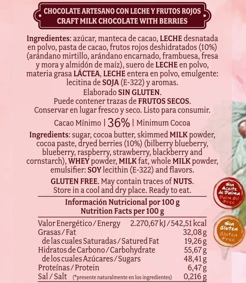 Chocolate artesano con Leche y Frutos rojos