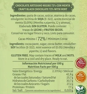 Chocolate artesano Negro 72% con Menta
