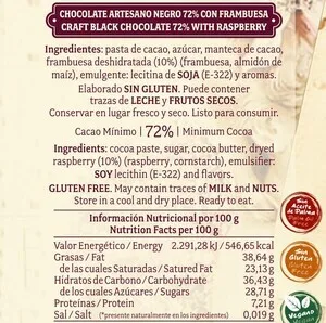 Chocolate artesano Negro 72% con Frambuesa