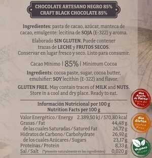 Chocolate artesano Negro 85%