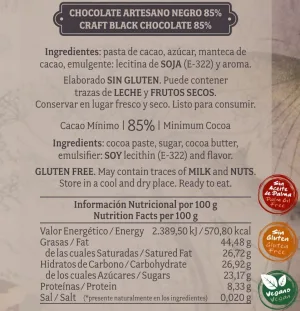 Chocolate artesano Negro 85%