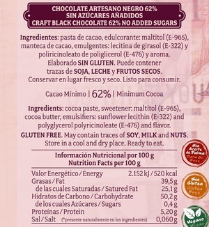 Chocolate artesano Negro 62% Sin AzÃºcar