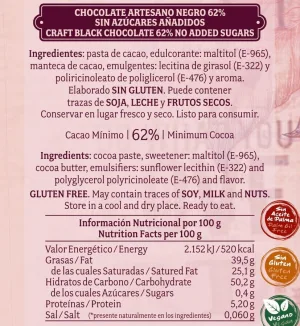 Chocolate artesano Negro 62% Sin Azúcar
