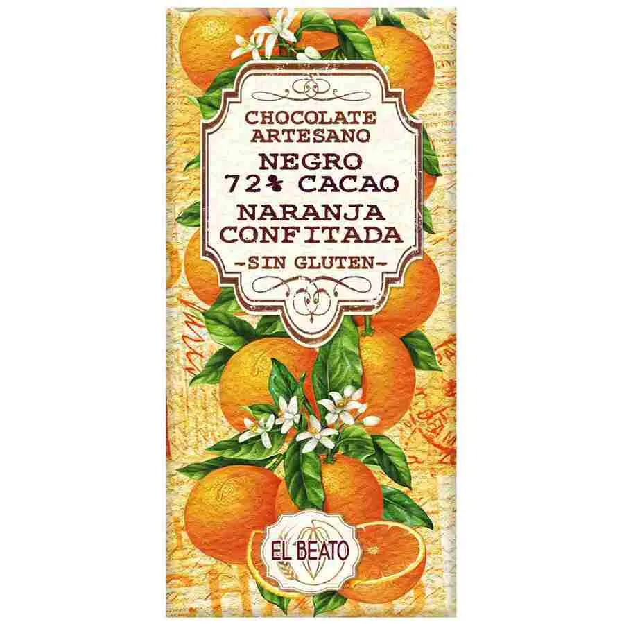 Chocolate artesano Negro 72% con Naranja Confitada