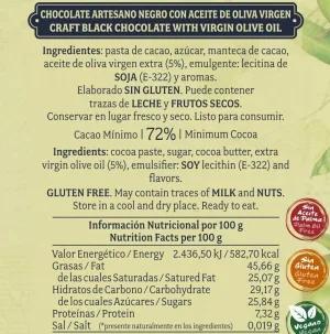 Chocolate artesano Negro 72% con Aceite de Oliva