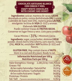 Chocolate artesano Blanco con Miel y Cereza