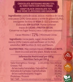 Chocolate artesano Negro 72% al Vino Tinto con Uvas Pasas