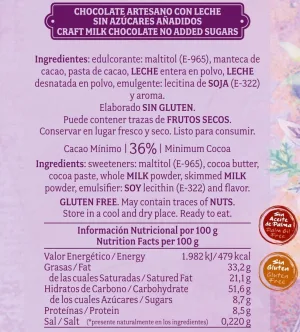 Chocolate artesano Leche Sin Azúcar