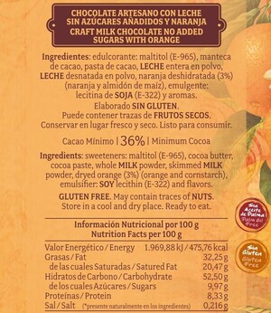 Chocolate artesano Leche S/A y Naranja