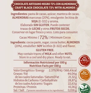 Chocolate artesano Negro 72% con Almendras