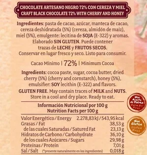 Chocolate artesano Negro 72% con Miel y Cereza