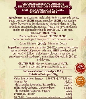 Chocolate artesano Leche S/A y Frutos Rojos