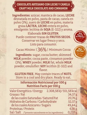 Chocolate artesano con Leche y Canela