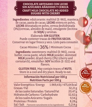 Chocolate artesano Leche S/A y Cereza