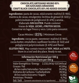Chocolate artesano Negro 85% Sin AzÃºcar