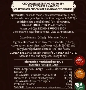 Chocolate artesano Negro 85% Sin Azúcar