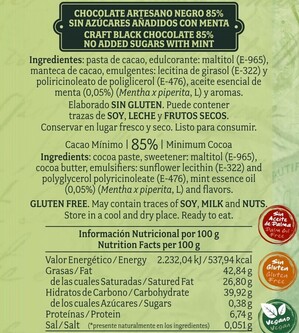 Chocolate artesano Negro 85% Sin Azúcar con Menta