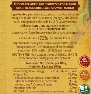 Chocolate artesano Negro 72% con Mango