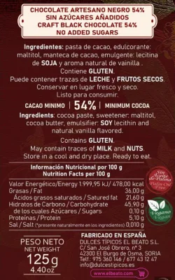 Chocolate artesano Negro 54% Sin Azúcar