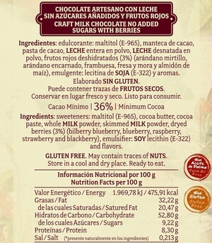 Chocolate artesano con Leche sin azúcar Frutos del Bosque